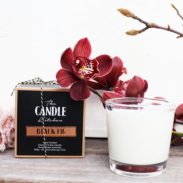 The Candle Kitchen creamy white Black Fig Candle with Chunky glass holder and Black Packaging Box