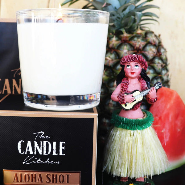 The ultimate refresher of triple coconut, sweet watermelon, papayas, and lime. An irresistible classic. Aloha Shot Candle from the Candle Kitchen.