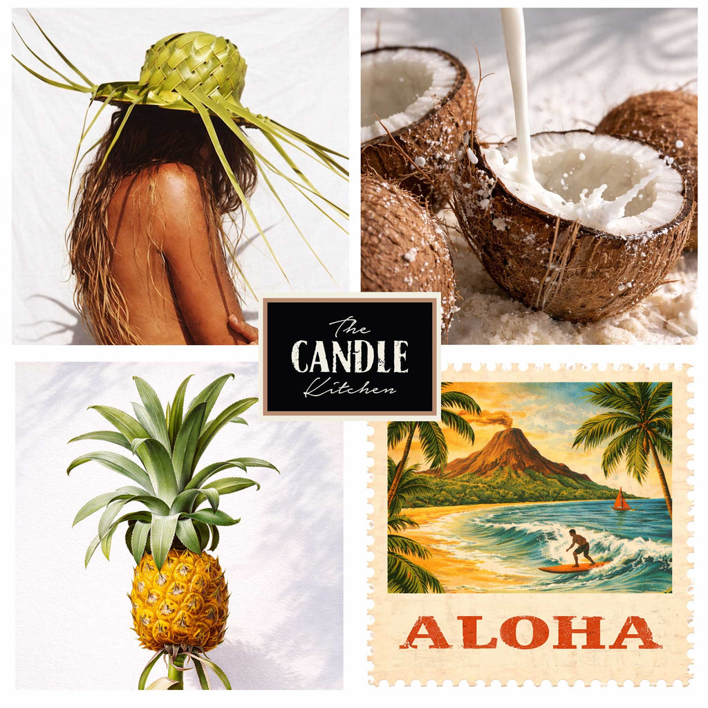 Aloha Shot soy candle, the candle kitchen. Collage of tropical-themed images including a person with a hat, coconuts, a pineapple, and a retro Aloha Stamp