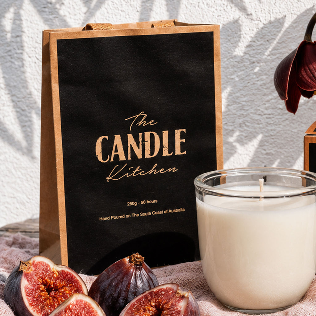 Black Fig Soy Candle from The Candle Kitchen with figs on a textured surface