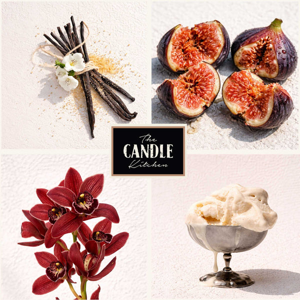 All the fragrances of Black Fig Soy Candle. Collage of vanilla beans, sliced figs, red flowers, and ice cream with 'The Candle Kitchen' branding. 
