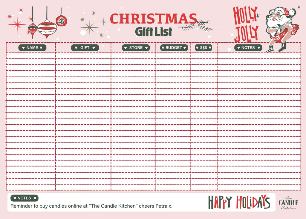 A FREE Pale pink Christmas gift planner with retro decorations and a banjo playing Santa from the candle kitchen.