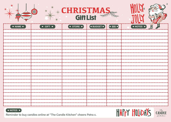 A FREE Pale pink Christmas gift planner with retro decorations and a banjo playing Santa from the candle kitchen.