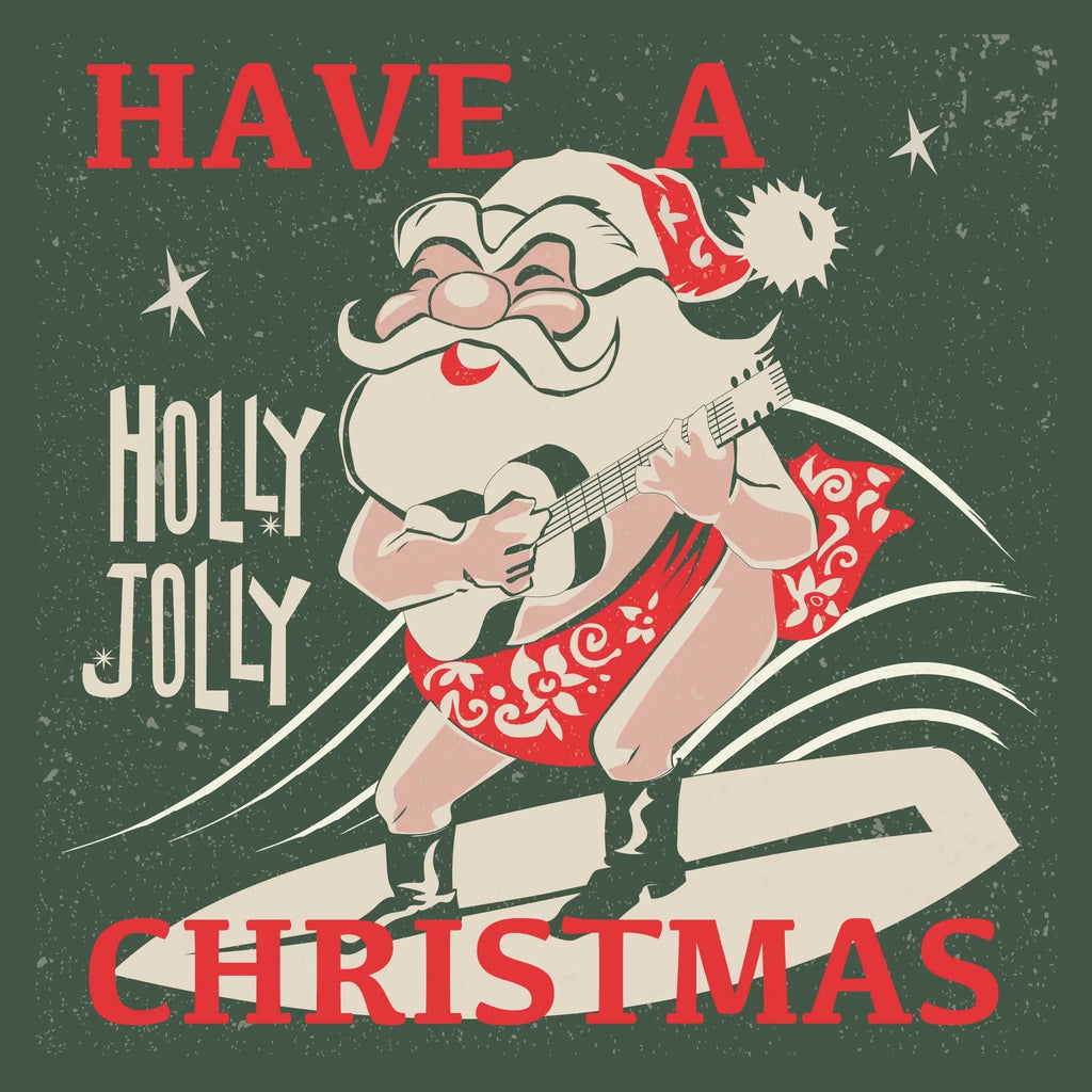 Illustration of a Santa playing guitar surfing wearing a tropical sarong with 'Have a Holly Jolly Christmas' text on a dark green background.
