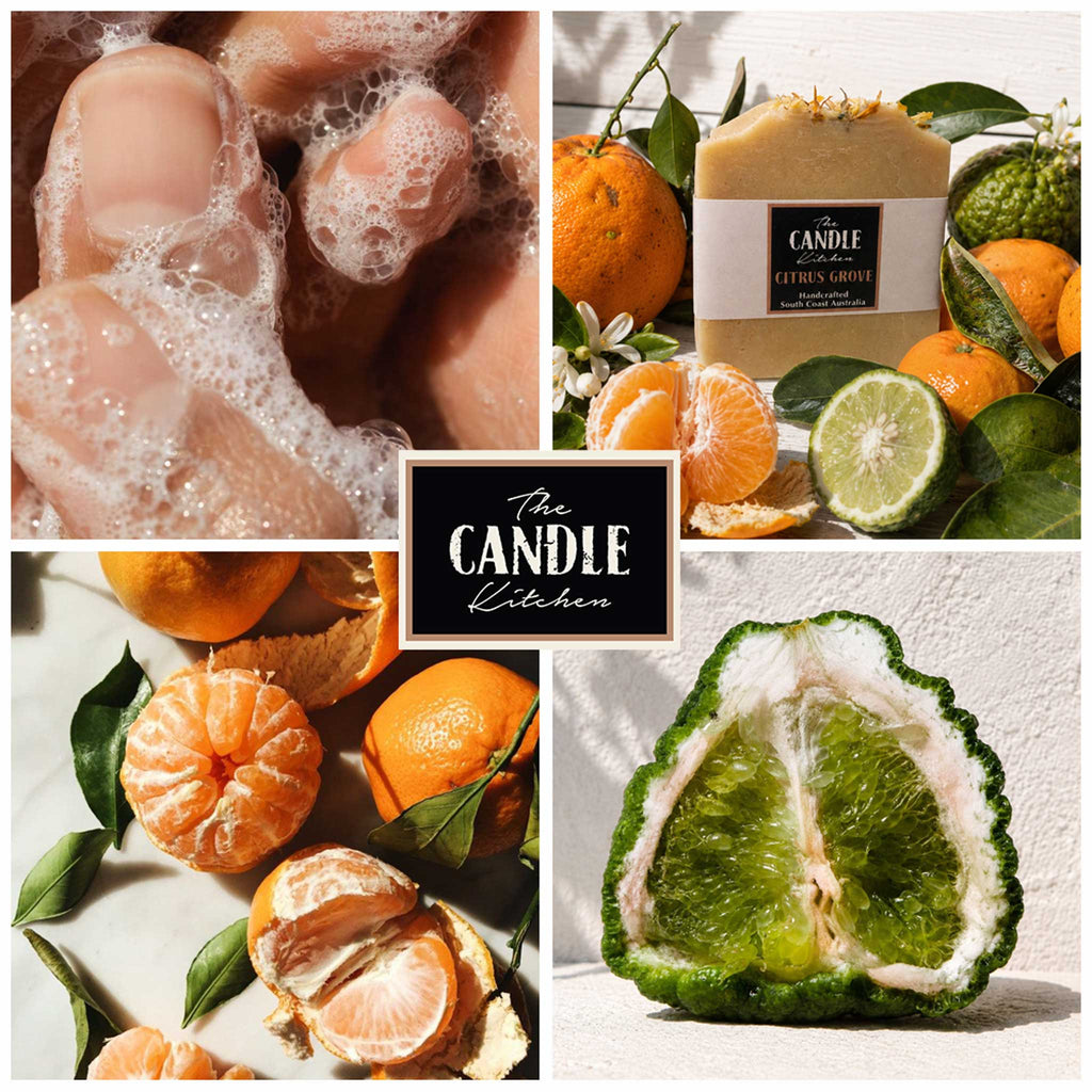 Citrus Grove handmade soap the candle kitchen , hands washing with bubbles , close up of Mandarins and bergamots. set in a story board