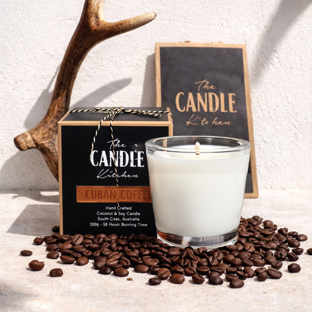 Coffee Creme Soy Candle Kitchen,  from The Candle Kitchen with packaging and coffee beans on a light background