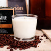 Coffee Creme Soy Candle The Candle kitchen, Close up of a candle labeled The Candle Kitchen with coffee beans.