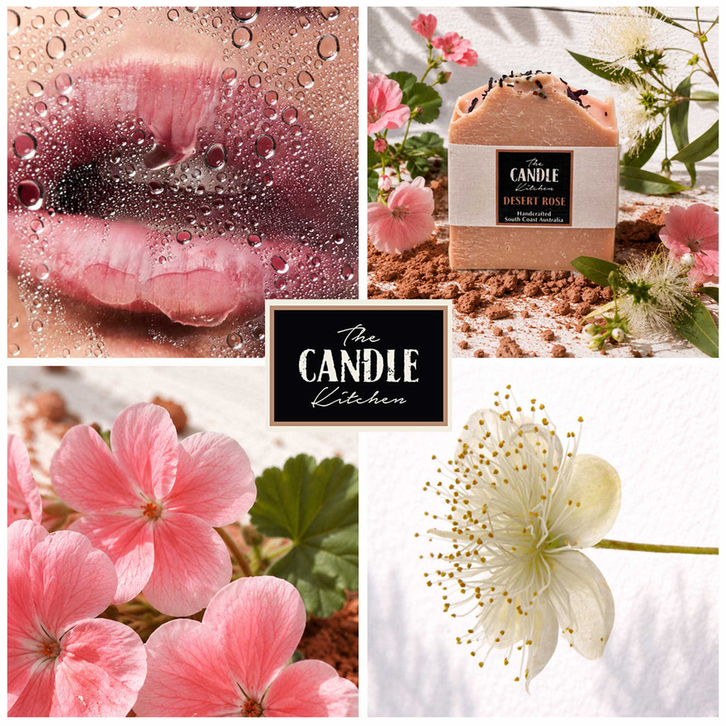 Desert Rose handmade soap story board, geranium, red clay, lemon myrtle and wet lips.