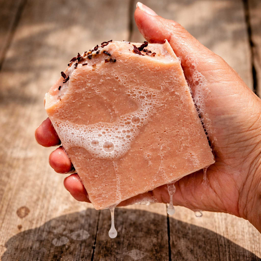 Desert Rose The Candle Kitchen, Hand holding a bar of soap with visible lather on a wooden surface