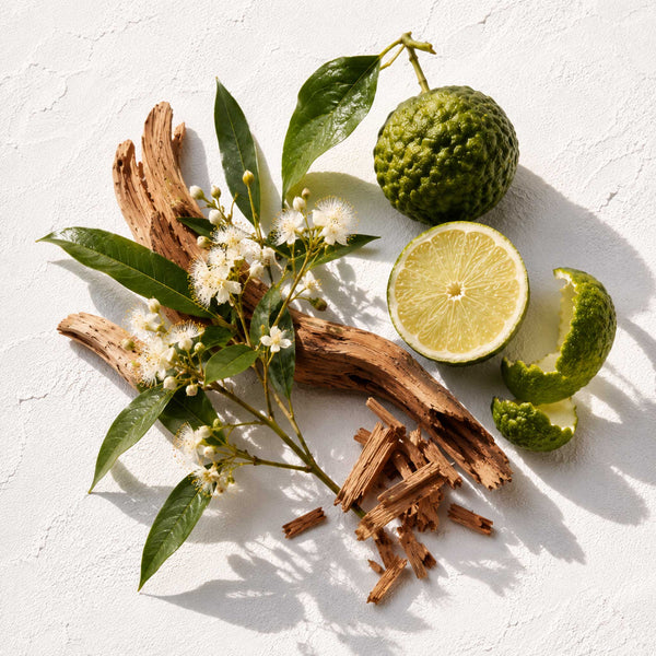Escarpment soy candle fragrance elements. A styled flat-lay of a natural herbal blend featuring a whole and sliced green Bergamot fruit, white blossoms on a stem, brown bark pieces, and small cinnamon sticks, arranged on a textured white background with soft shadows. from the candle kitchen