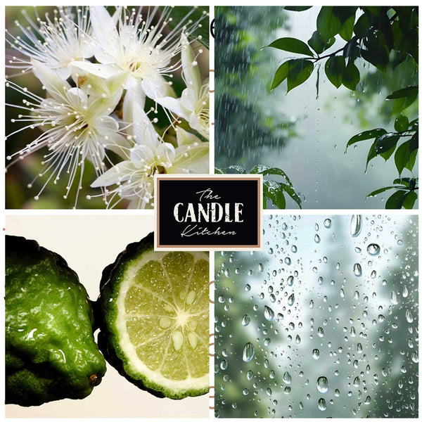 Escarpment soy candle from the candle kitchen Collage of white flowers, raindrops on glass, green fruit, and a sign for 'The Candle Kitchen'.