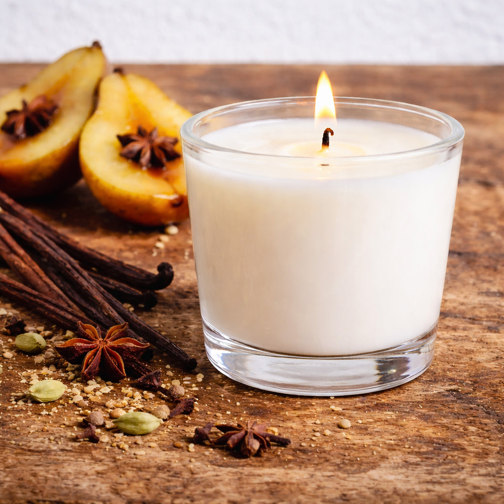 Glass candle with burning wick on a wooden surface with pears and spices.