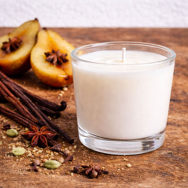French Chai Soy Candle Kitchen, pears, and spices on a wooden surface. Glass candle with pears, star anise, and vanilla on a wooden surface