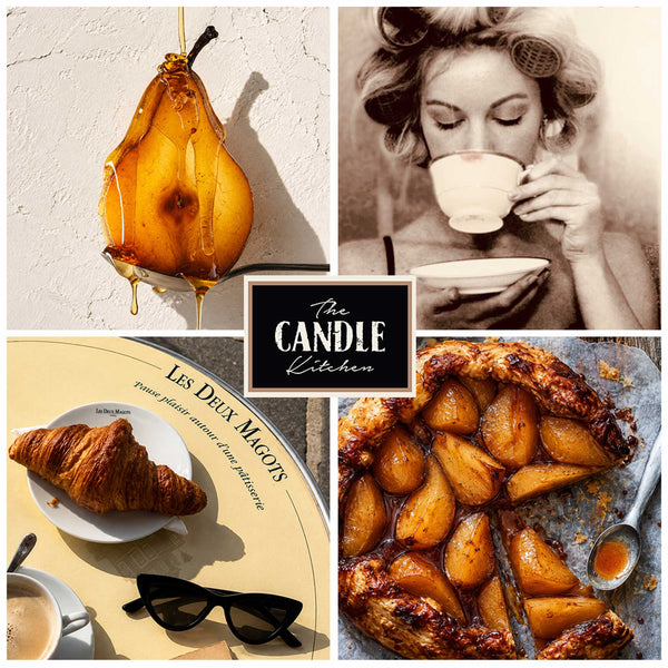 French Chai soy candle from the candle kitchen, Pears dripping in honey , a girl with rollers in her hair drinking a late, cafe scene in paris