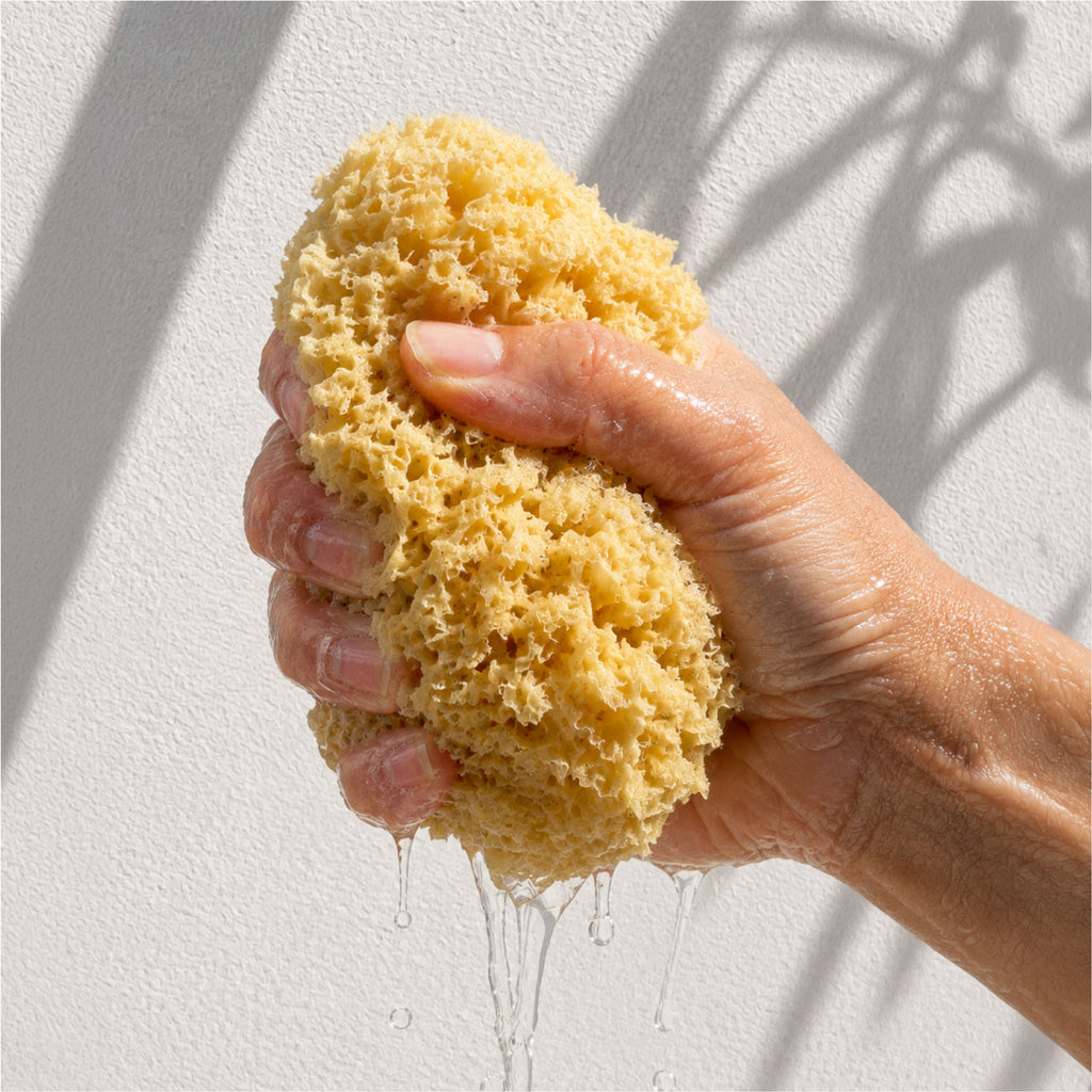 A hand holding a wet, porous natural Mediterranean sea sponge that is dripping water, set against a textured white wall with soft shadow patterns.