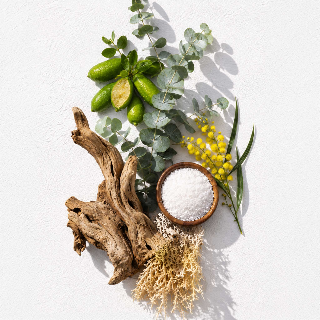 A beautiful arrangement of eucalyptus, desert limes and driftwood all the elements of the South Coast soy Candle from the Candle Kitchen