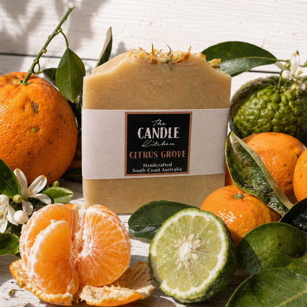 Citrus grove handmade soap , surrounded with oranges and bergamont
