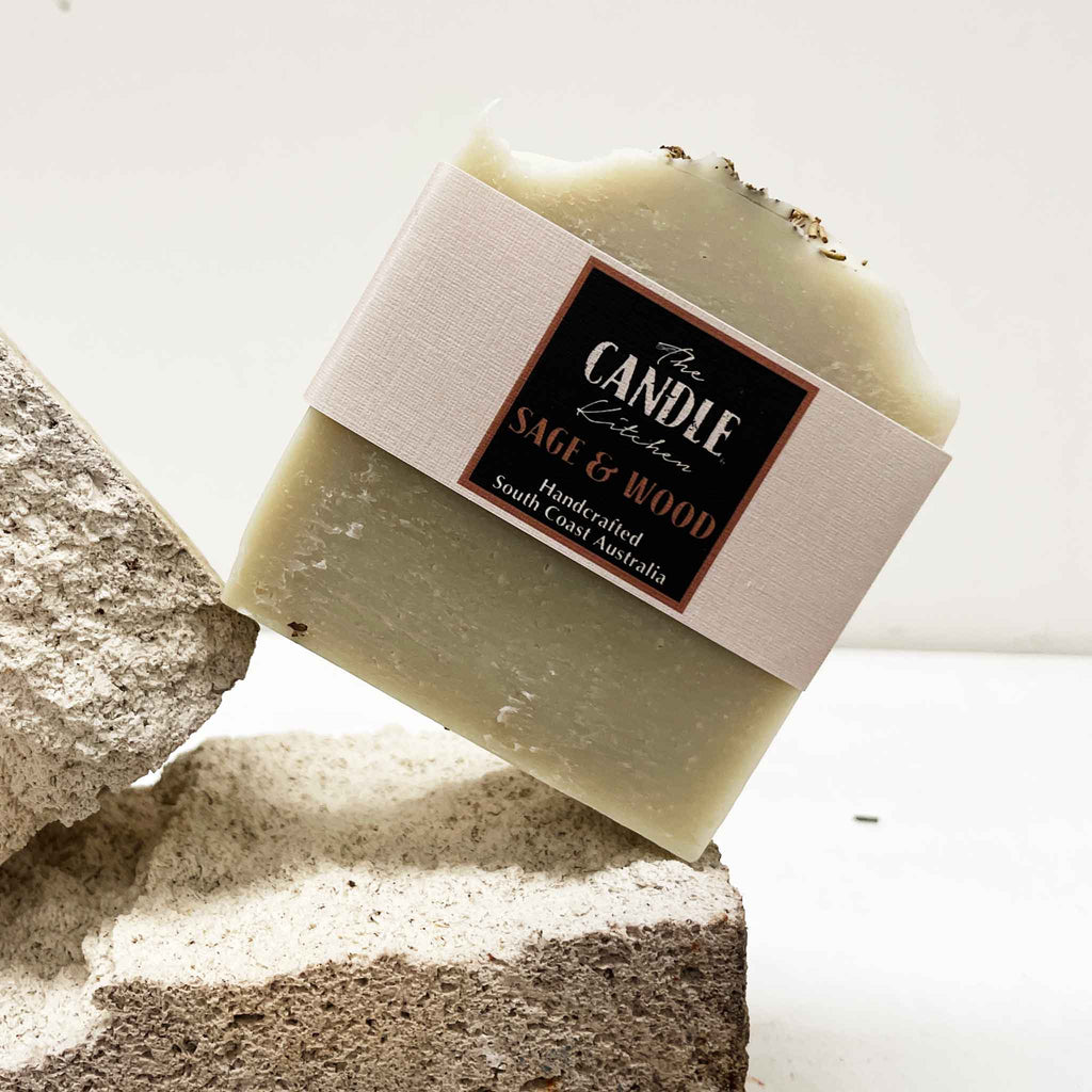 Bar of soap with a label on a textured surface