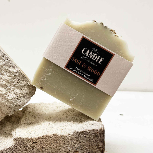 Bar of soap with a label on a textured surface