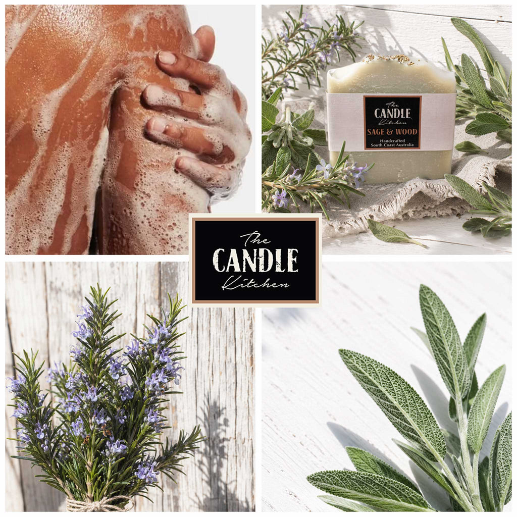 Sage and Wood handmade soap, the candle kitchen, rosemary and sage leaves as a story collage
