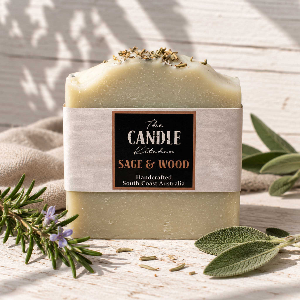 A handmade bar candle wrapped in a cream paper band labeled 'The Candle Kitchen Sage & Wood', styled on a white wooden surface with sage leaves, rosemary, and a beige cloth.