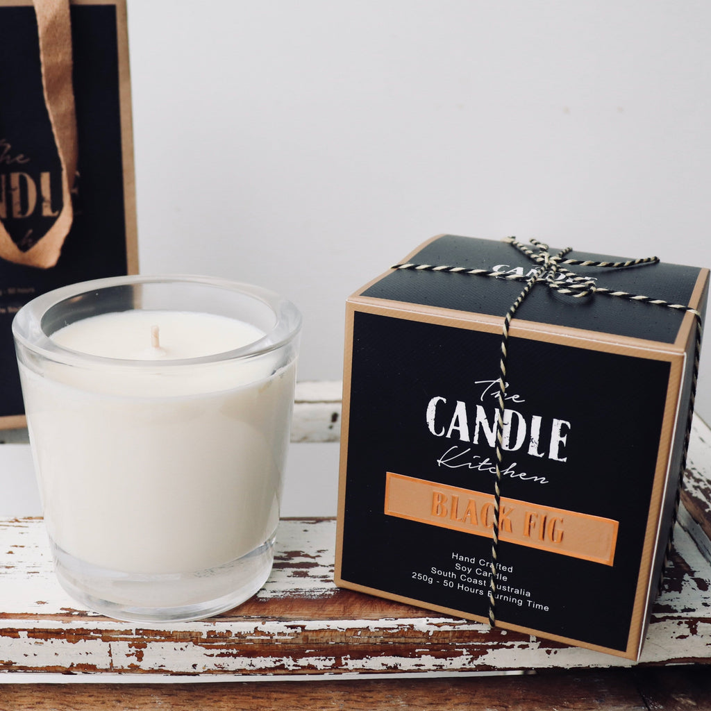 The Candle Kitchen creamy white Black Fig Candle with Chunky glass holder and Black Packaging Box